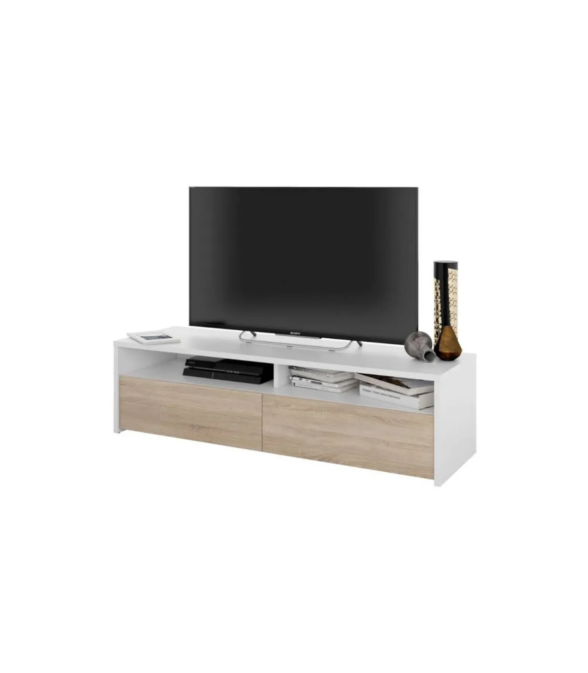 Mueble TV modelo Marisa en roble canadian y blanco Artik. 130 cm (Ancho) x 3 cm (Alto) x 40 cm (Fondo)