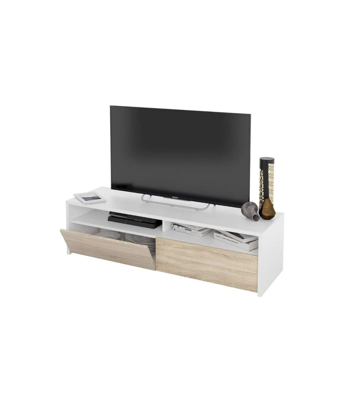 Mueble TV modelo Marisa en roble canadian y blanco Artik. 130 cm (Ancho) x 3 cm (Alto) x 40 cm (Fondo)