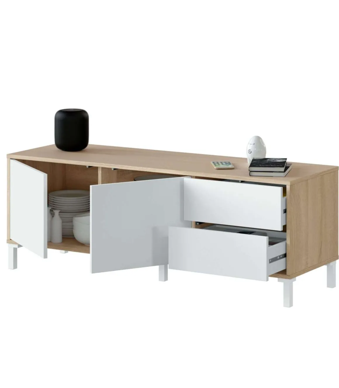 Mueble TV modelo Nabur en roble Canadian y blanco Artik, 130 cm (Ancho) x 47 cm (Alto) x 41 cm (Fondo)
