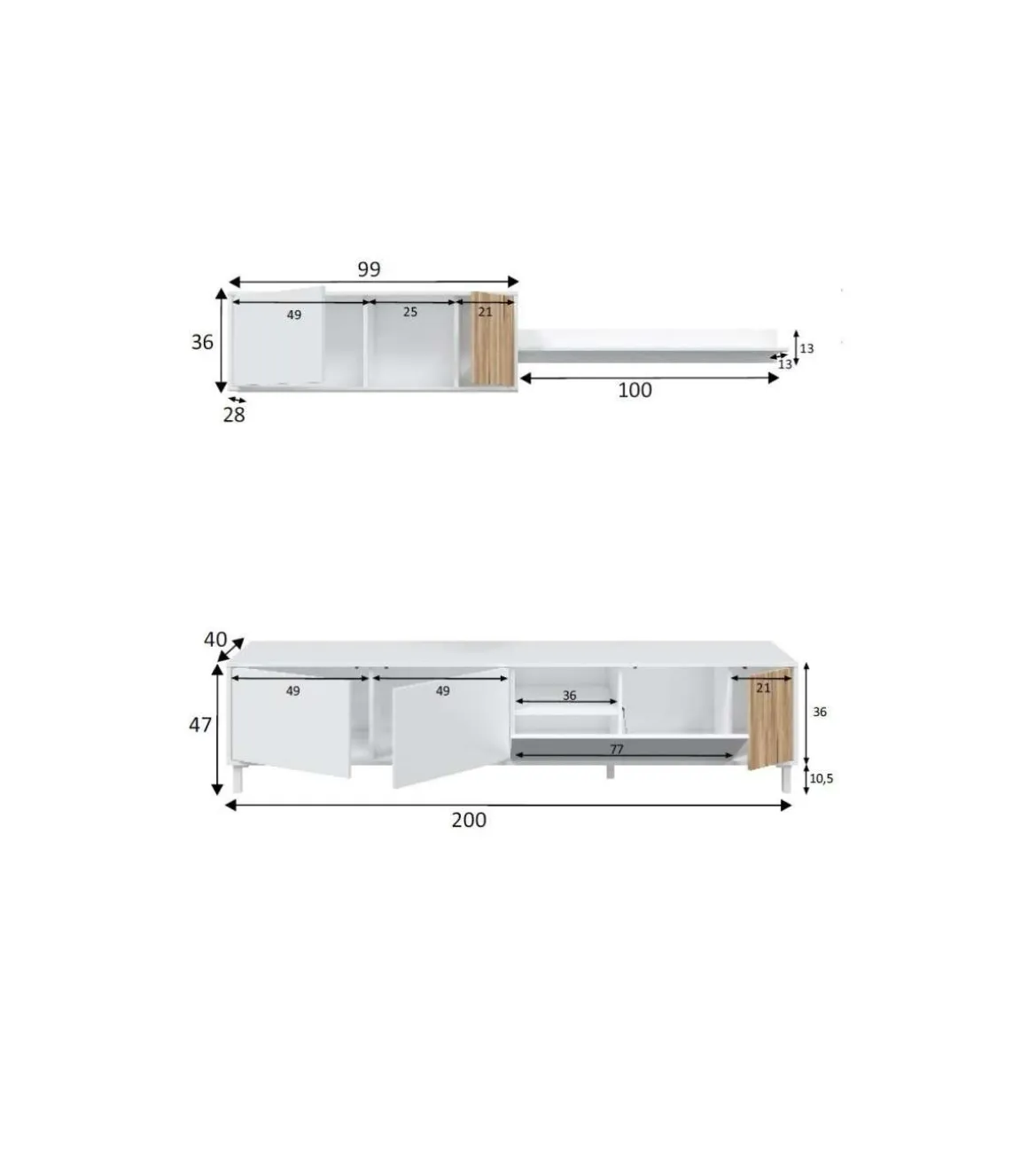 Mueble TV modelo Tempo en natur/blanco. 200 cm (Ancho) x 47 cm (Alto) x 40 cm (Fondo)