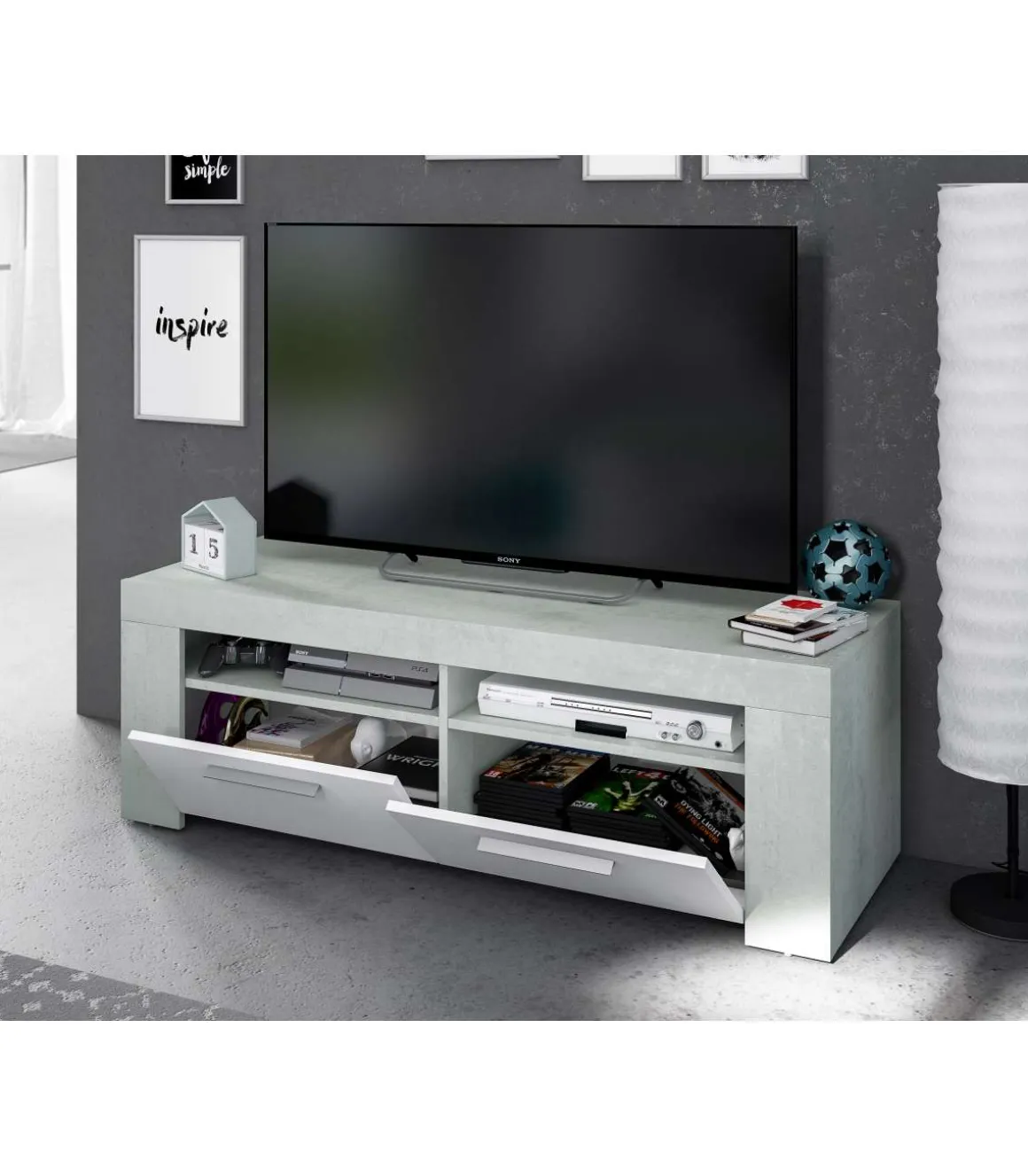 Mueble TV modelo Urbi en cemento y blanco Artik. 120 cm (Ancho) x 40 cm (Alto) x 42 cm (Fondo)