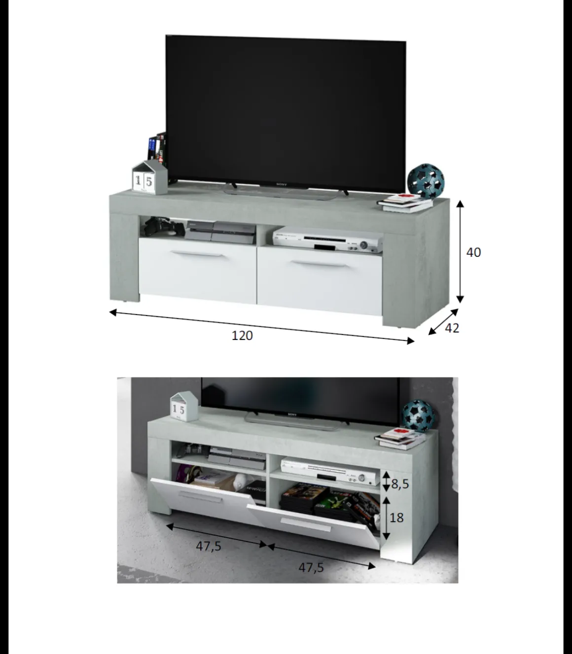 Mueble TV modelo Urbi en cemento y blanco Artik. 120 cm (Ancho) x 40 cm (Alto) x 42 cm (Fondo)