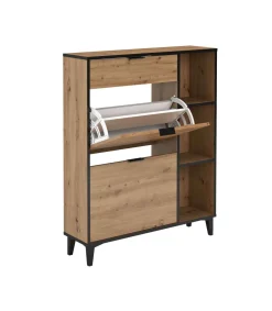 Mueble Zapatero María con 2 trampones, 1 cajón y estantes en roble albar. 90cm(ancho) 110.8cm(altura) 24.5cm(fondo)