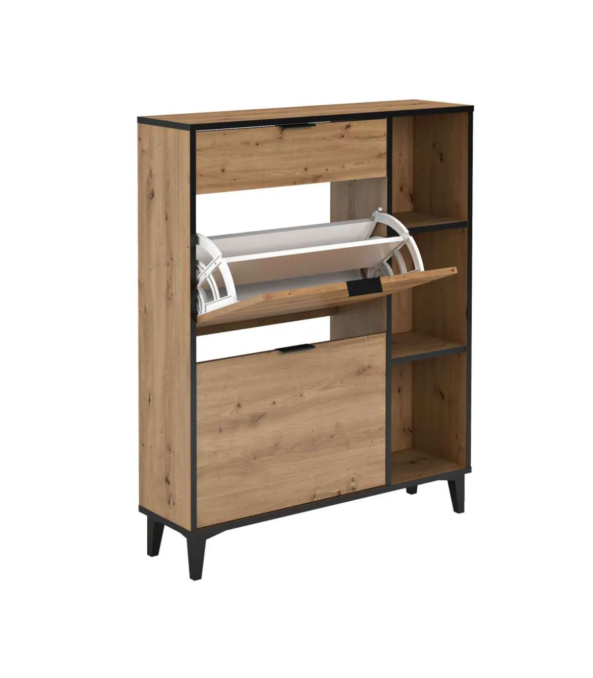 Mueble Zapatero María con 2 trampones, 1 cajón y estantes en roble albar. 90cm(ancho) 110.8cm(altura) 24.5cm(fondo)
