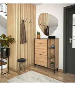 Mueble Zapatero María con 2 trampones, 1 cajón y estantes en roble albar. 90cm(ancho) 110.8cm(altura) 24.5cm(fondo)
