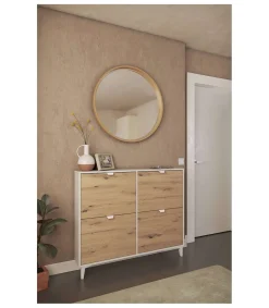 Mueble Zapatero Pili con 4 trampones en blanco soft/roble albar. 116.8cm(ancho) 97.4cm(altura) 20cm(fondo)