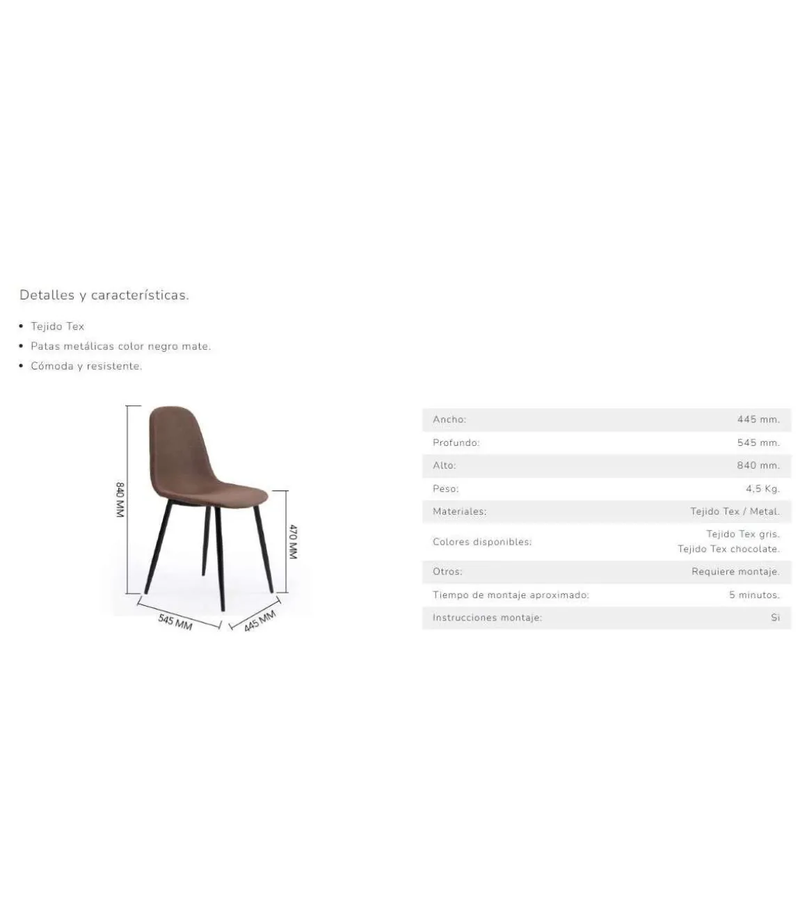 Pack de 4 sillas comedor Hall tapizado textil gris, 84cm(alto) 44,5cm(ancho) 54,5cm(largo)