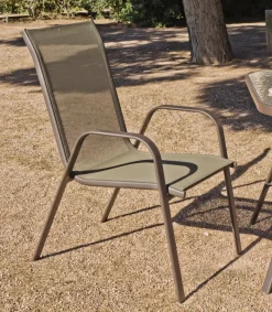 Pack de 2 Sillones acero/textilen Macao-3 apilables bronce. 94 cm(alto) 54 cm(ancho)84 cm(fondo)