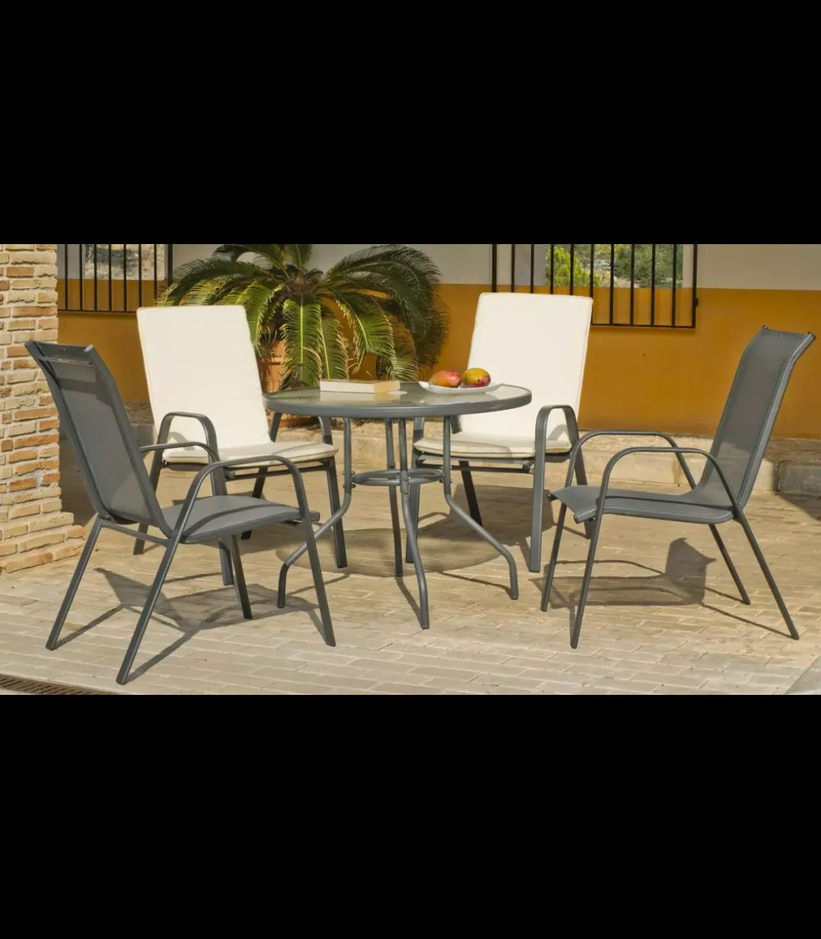 Pack de 4 sillones apilables terraza jardín Sulam-3 acero /textilen gris antracita, 94cm(alto) 54cm(ancho) 84cm(fondo)