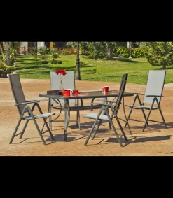 Pack 4 Sillónes-tumbonas apilables terraza jardín Sulam-5 acero /textilen gris antracita.