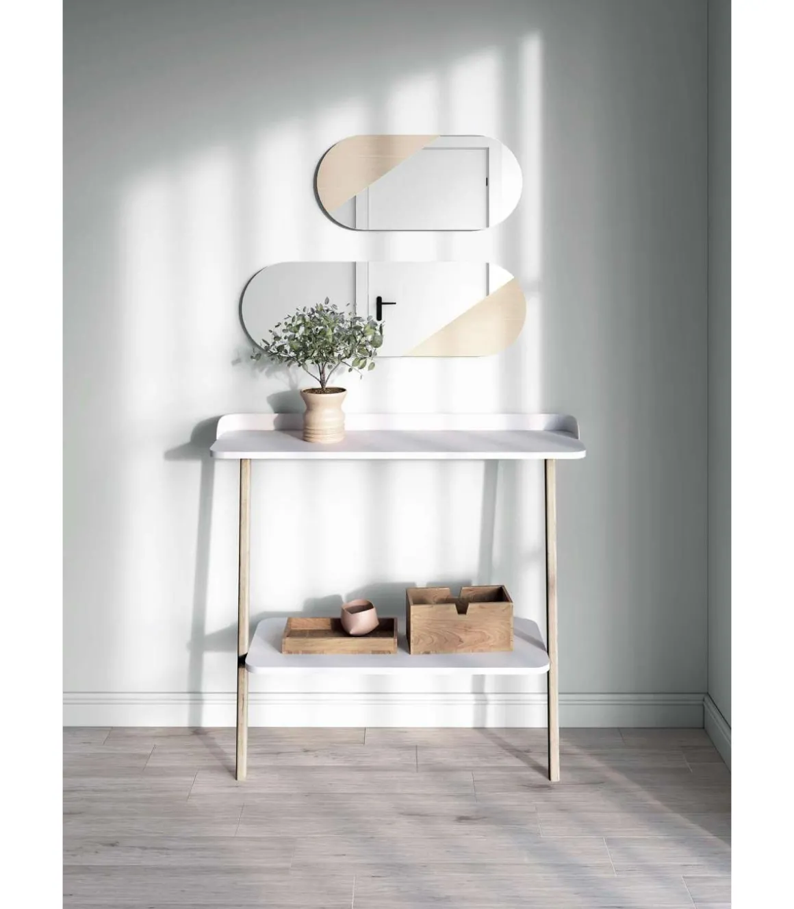 Recibidor modelo 787 acabado blanco/roble, 87.5 cm (alto) x 111 cm (ancho) x 31 cm (prof.)