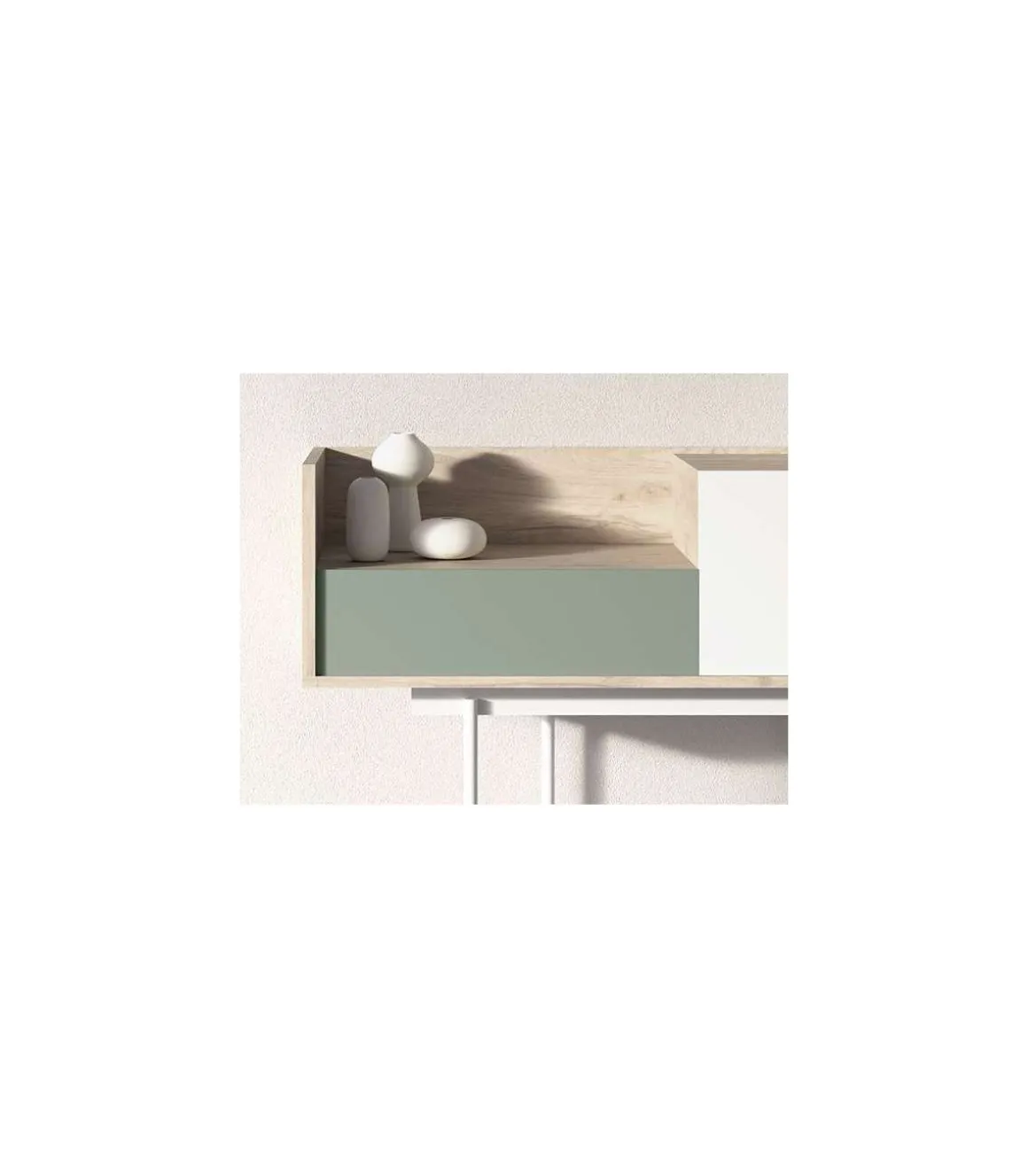 Recibidor modelo 673 acabado roble combinado con verde y blanco, 84cm(alto) 122cm(ancho) 42cm(prof.)