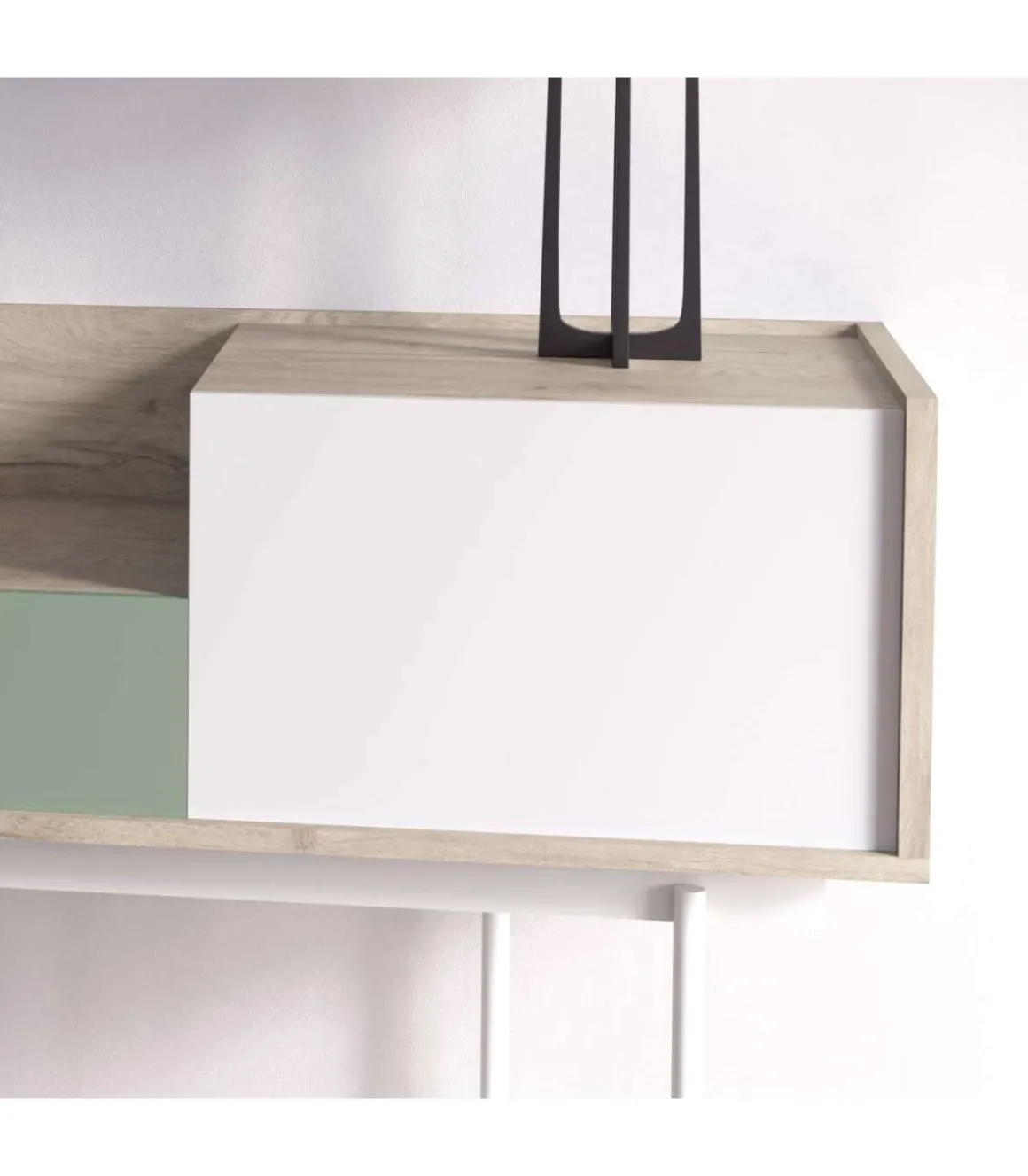 Recibidor modelo 671 acabado roble combinado con blanco y verde, 84cm(alto) 98cm(ancho) 31cm(prof.)