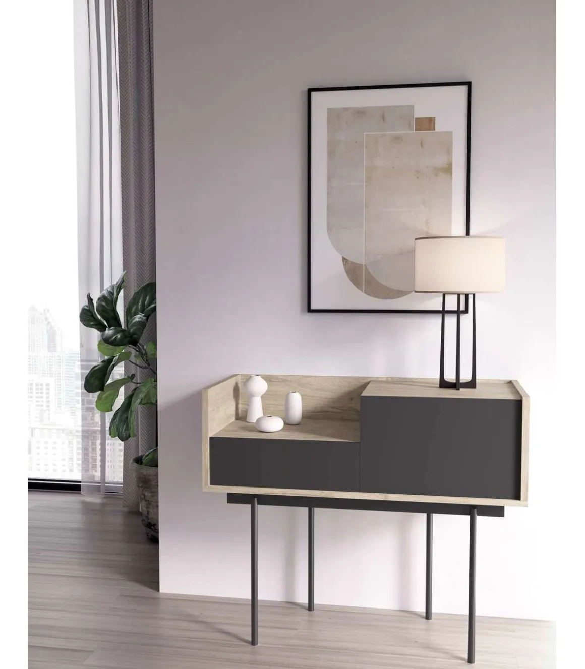 Recibidor modelo 671 acabado roble combinado con grafito, 84cm(alto) 98cm(ancho) 31cm(prof.)