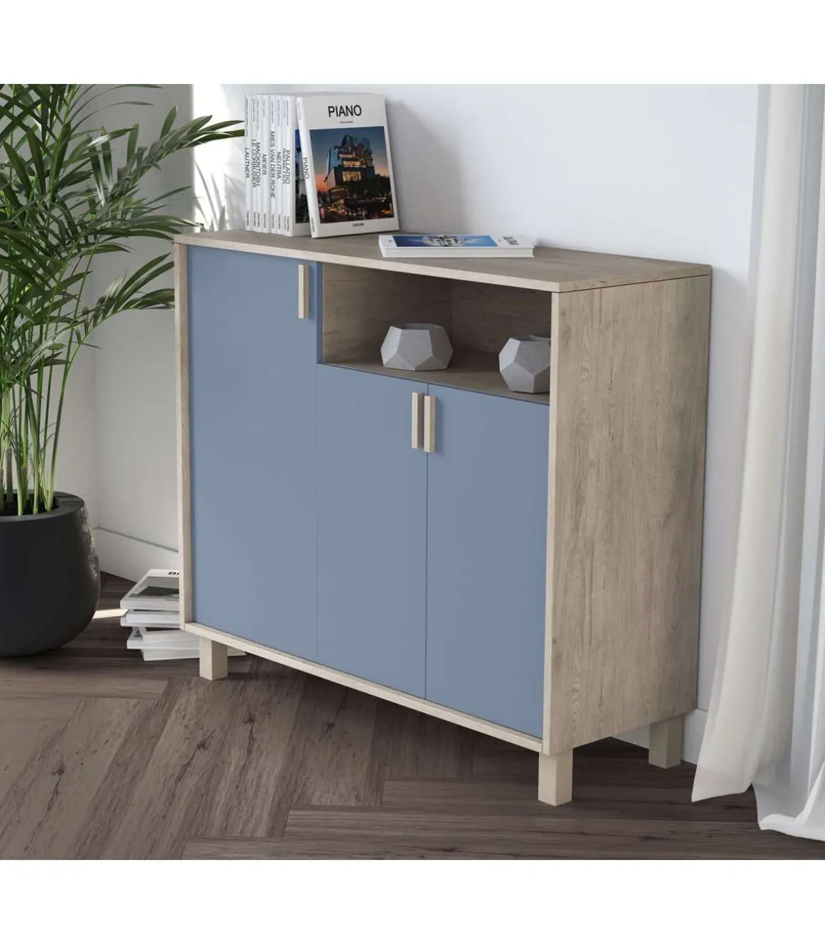Recibidor zapatero 3 puertas Modelo 520 acabado roble claro/azul. 88 cm (alto) x 100 cm (ancho) x 37 cm (prof.)