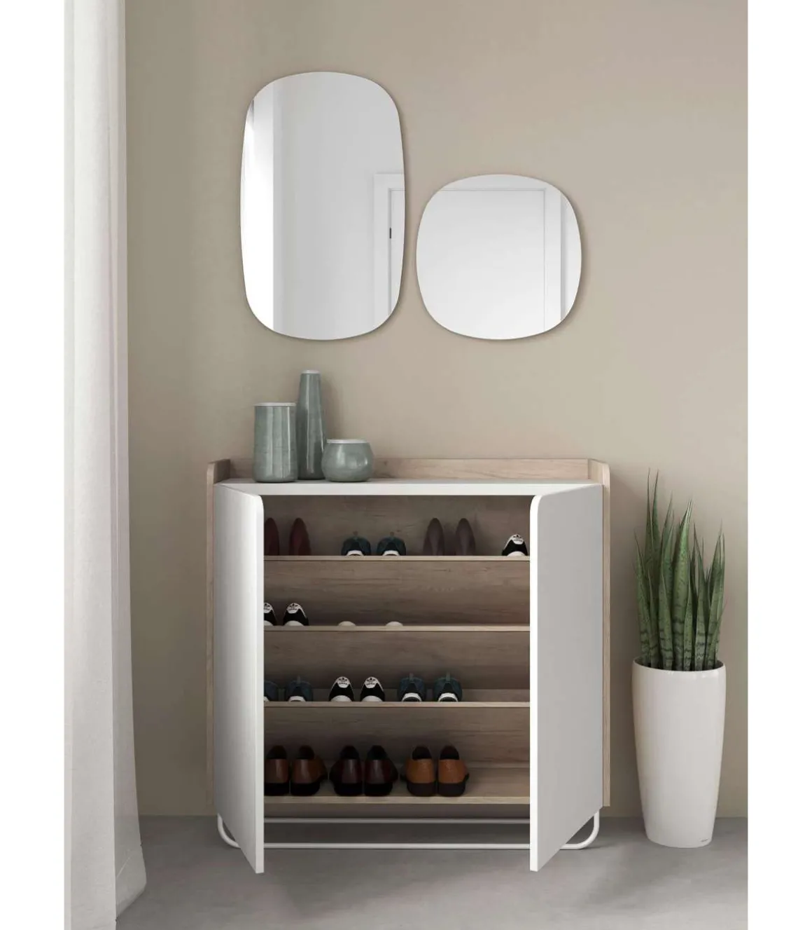 Recibidor zapatero 2 puertas modelo 526 acabado roble claro/blanco, 87 cm (alto) x 90 cm (ancho) x 25.5 cm (prof.)