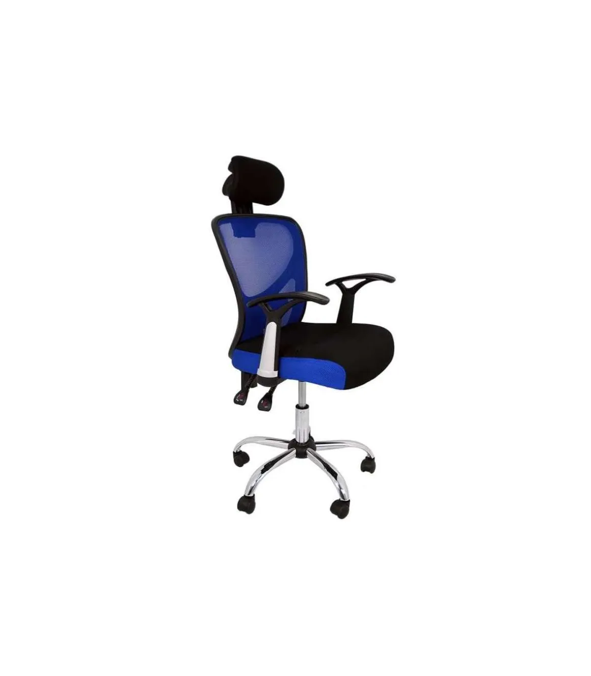 Silla de escritorio Carla en azul y negro. Alto: 107-117, Ancho: 64, Fondo: 67