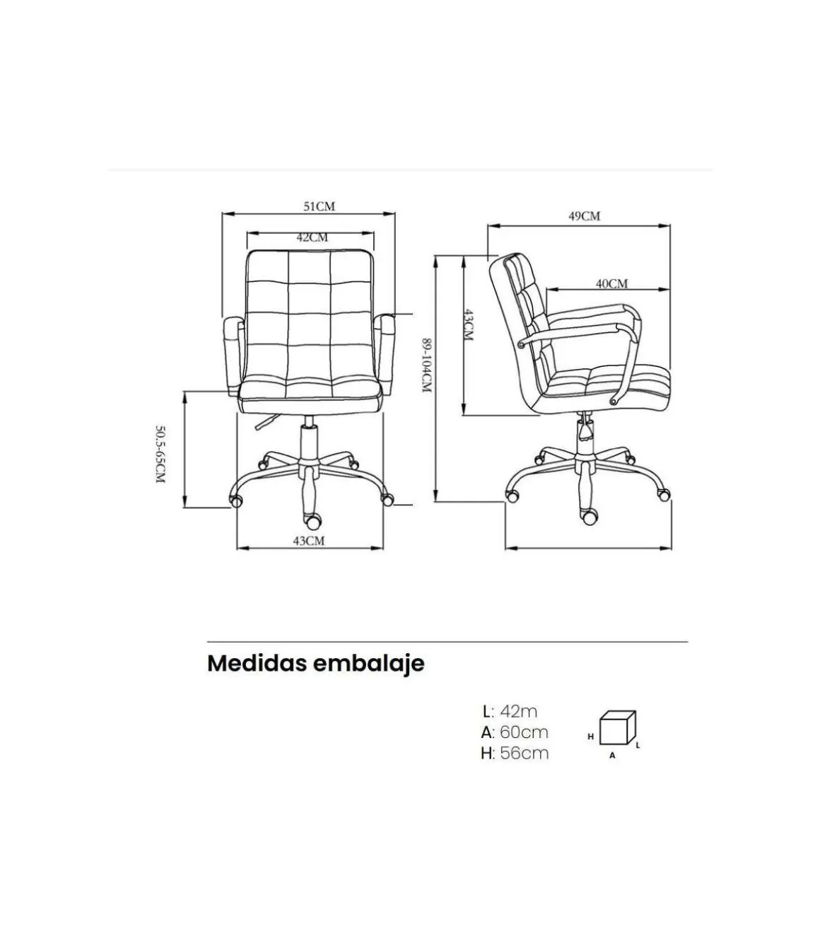 Silla de oficina Isabella en blanco. Alto: 89-104, Ancho: 51, Fondo: 49.