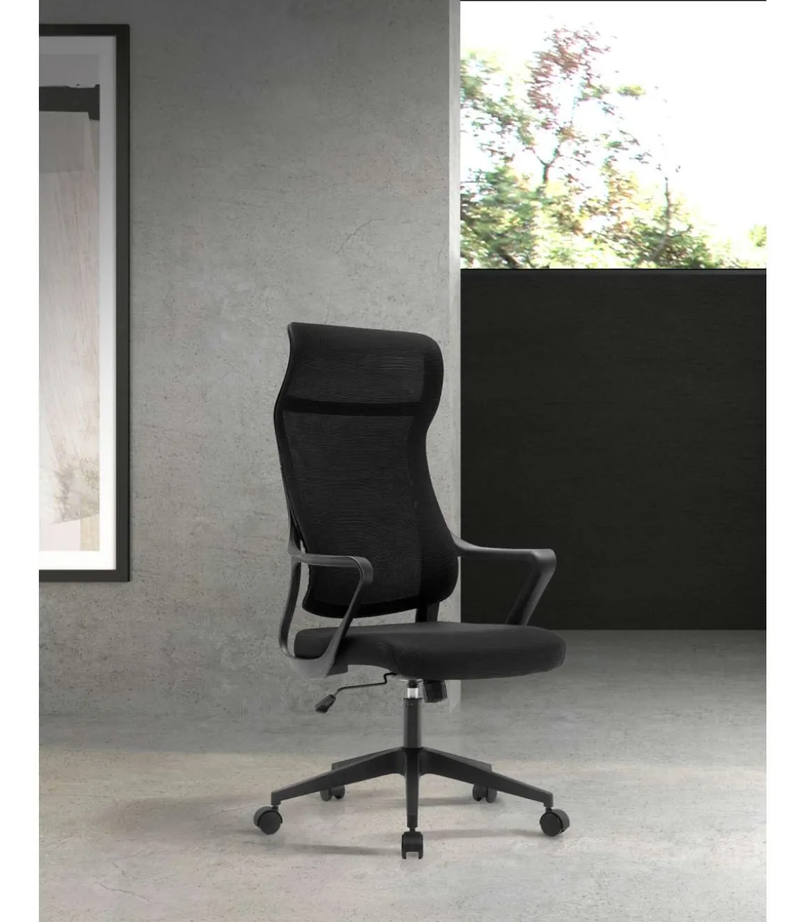 Silla despacho giratoria elevable con reposacabezas acabado negro, 67m(ancho) 117/127cm(altura) 69cm(fondo)