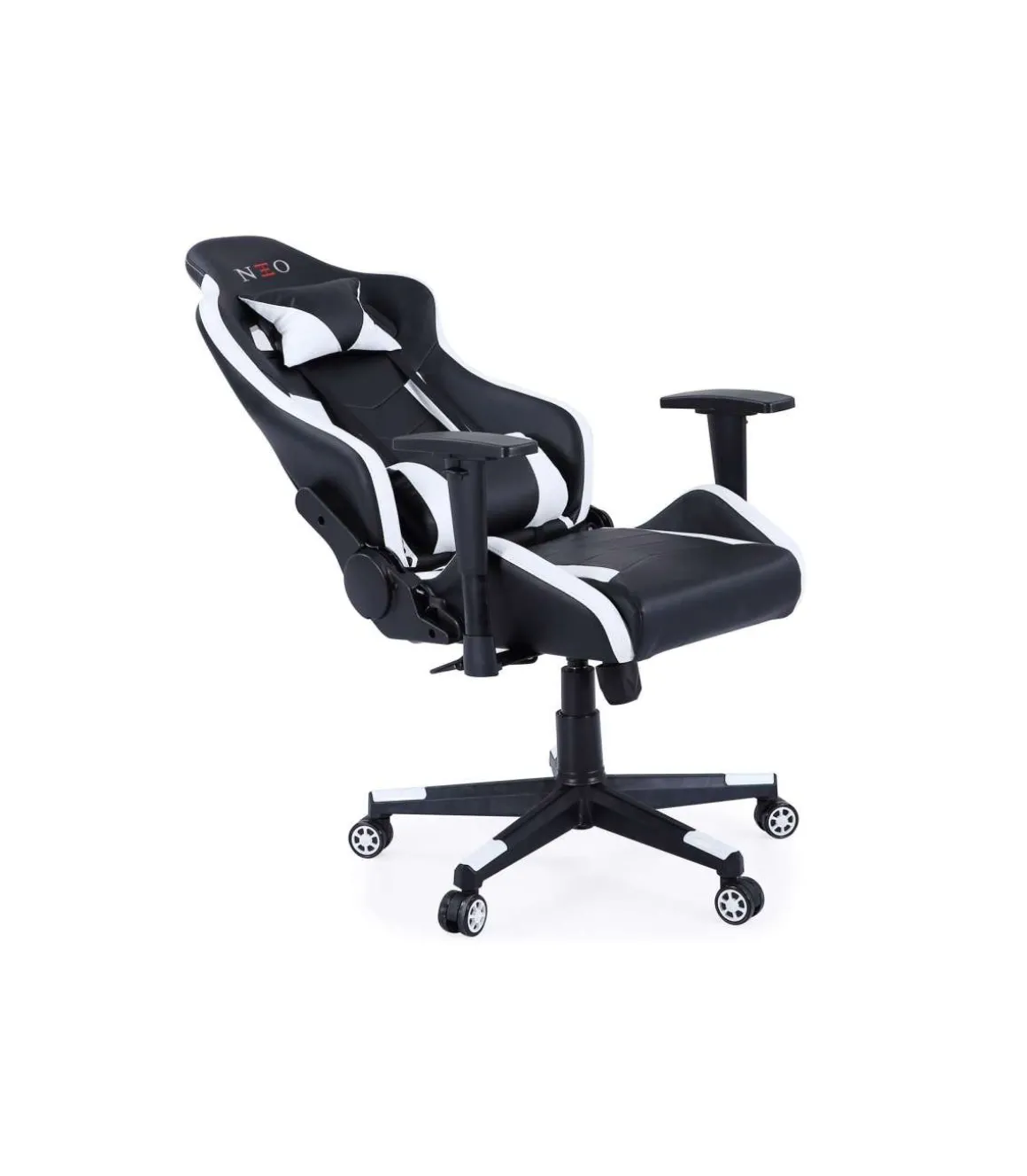 Sillón gamer giratorio Neo Pro regulable tapizado en símil piel negro/blanco, 65 x 65 x 98 - 108 cm (ancho x largo x alto)