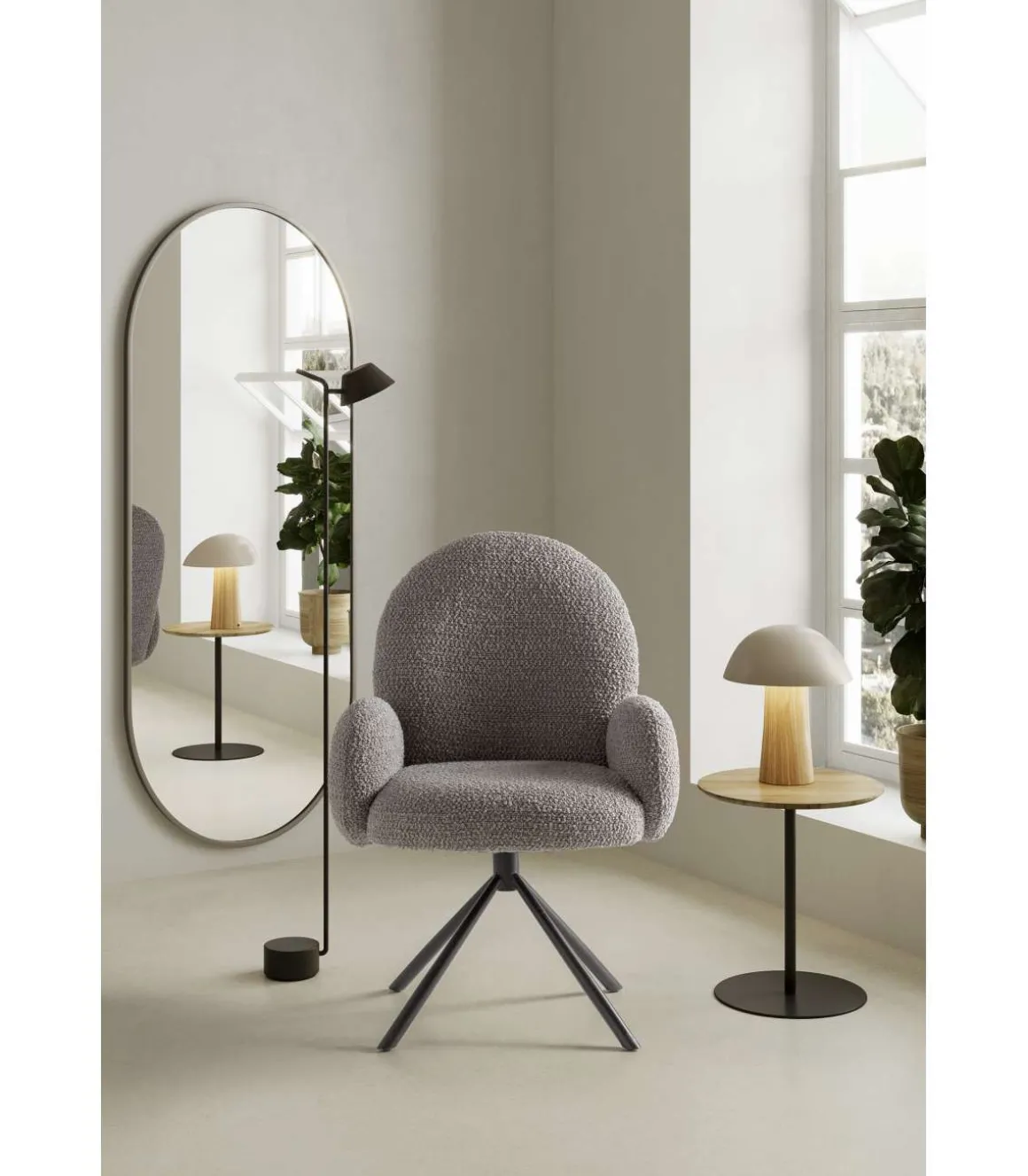 Sillón giratorio modelo Dama con brazos tapizado textil gris claro, 89cm(alto) 64cm(ancho) 60cm(largo)