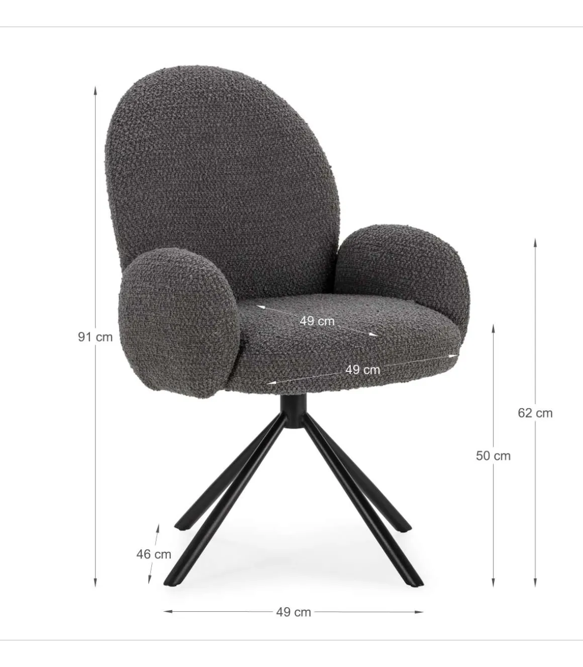 Sillón giratorio modelo Dama con brazos tapizado textil gris oscuro, 89cm(alto) 64cm(ancho) 60cm(largo)