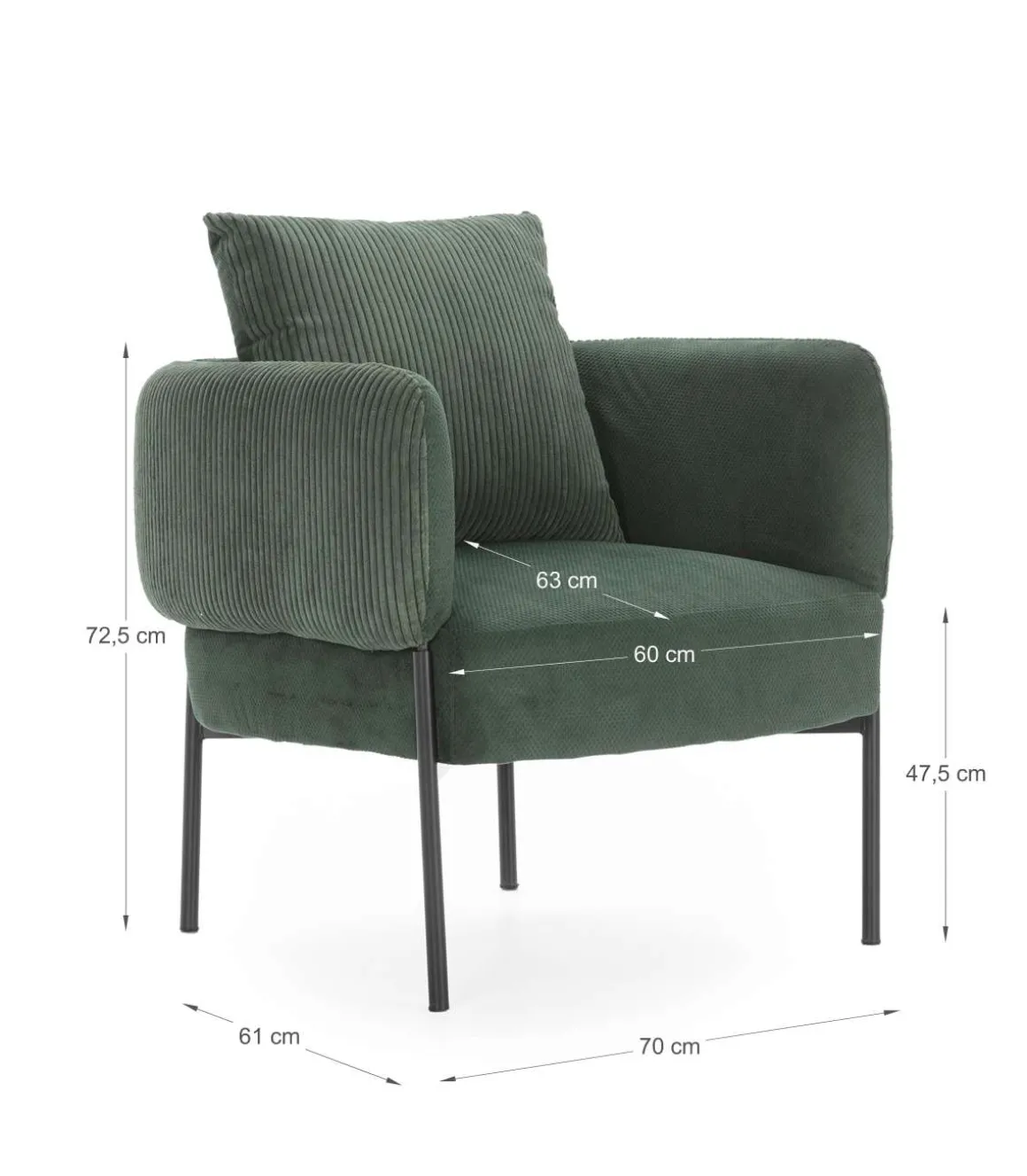 Sillón modelo Bali tapizado textil verde, 75cm(alto) 73cm(ancho) 78cm(largo)