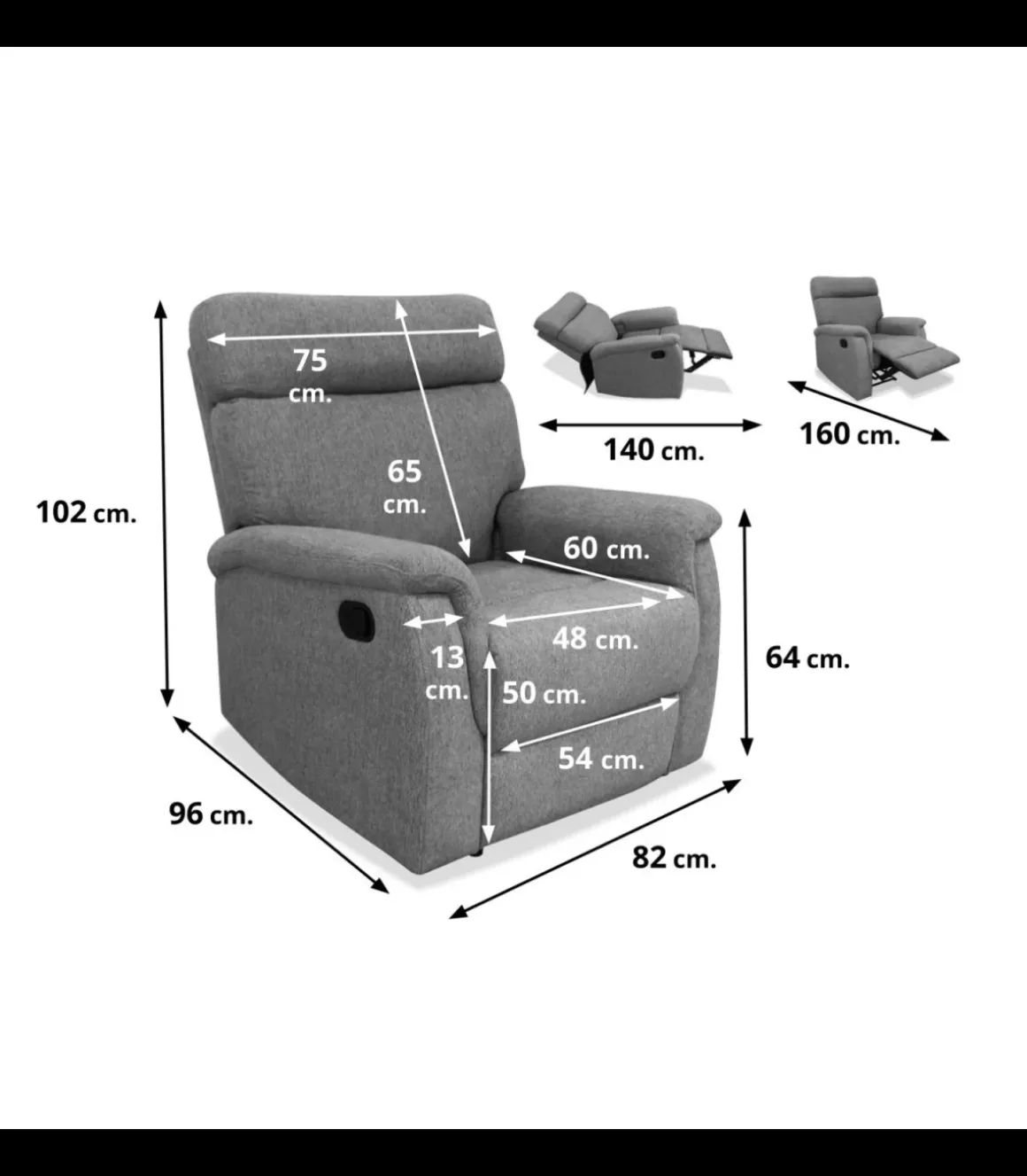 Sillón relax manual Texas tapizado gris, 82cm(Ancho) 96cm(Fondo) 102cm(Alto)