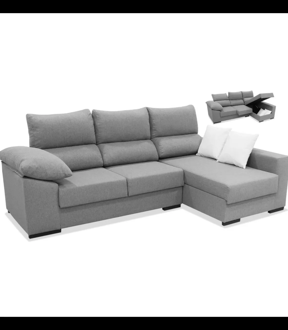 Sofa Chaiselongue a la derecha Torremolinos tapizado gris, 262cm(ancho) 150cm(fondo) 105cm(altura).