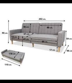 Sofá cama clic clac modelo Neo Nordic tapizado gris claro, 220cm(ancho) 90cm(altura) 98cm(fondo).