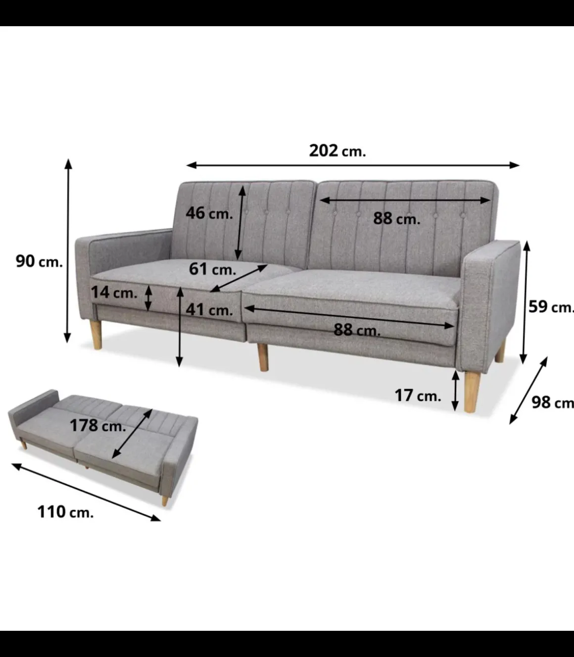 Sofá cama clic clac modelo Neo Nordic tapizado gris claro, 220cm(ancho) 90cm(altura) 98cm(fondo).