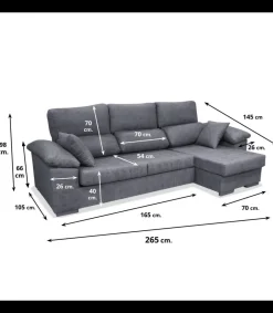 Sofá Chaiselongue reversible Alvaro tapizado gris, 265cm(ancho) 145cm(fondo) 98cm(altura).