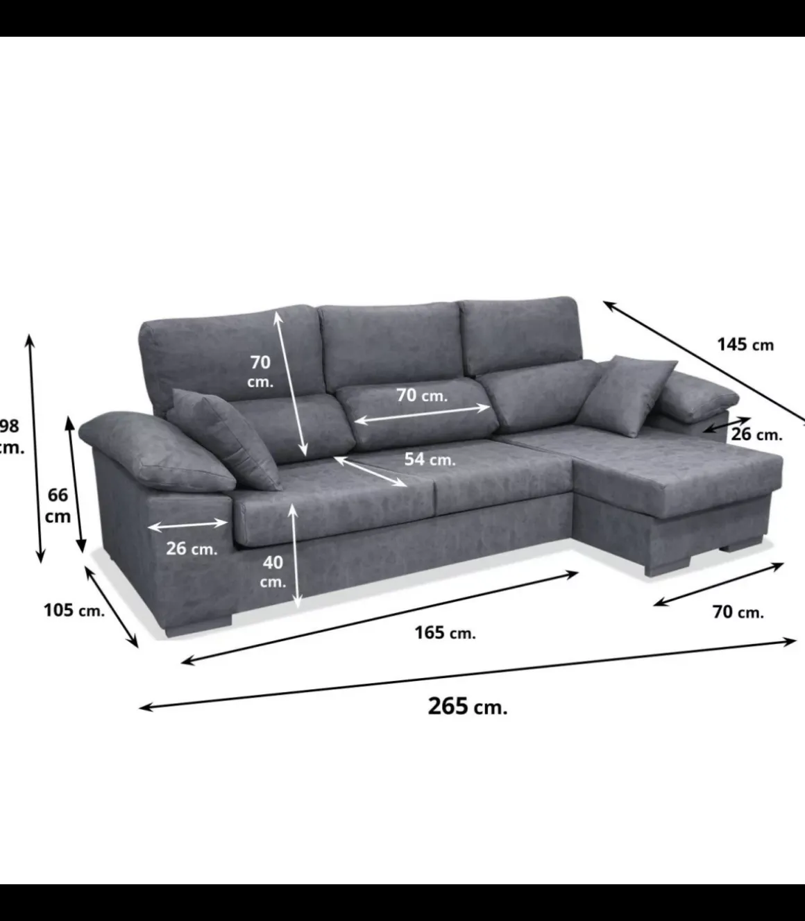 Sofá Chaiselongue reversible Alvaro tapizado gris, 265cm(ancho) 145cm(fondo) 98cm(altura).
