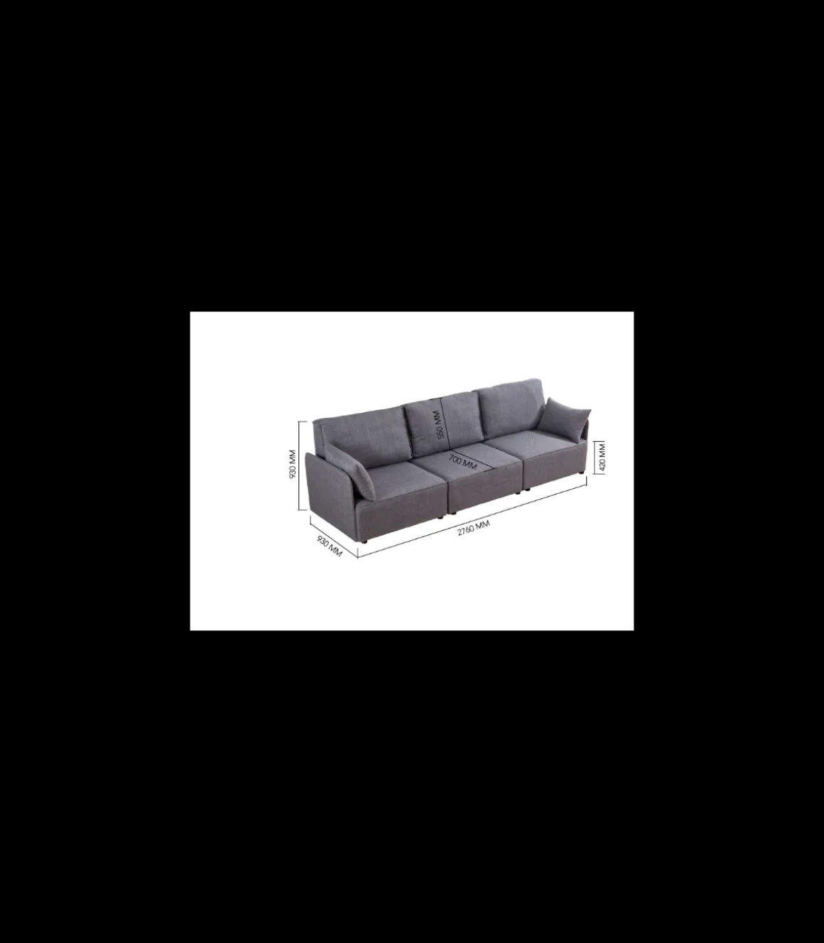 Sofá modular con brazos 3 plazas MOU tapizado en tejido gris, 276cm(ancho) 93cm(altura) 93cm(fondo).
