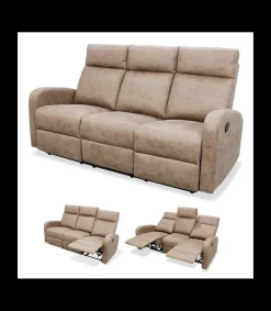 Sofá tres plazas relax con palanca Giulia tapizado textil piedra, 180cm(Ancho) 90cm(Fondo) 101cm(Alto)