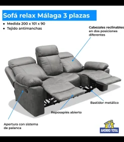 Sofá tres plazas relax con palanca Málaga tapizado textil gris, 200cm(Ancho) 90cm(Fondo) 101cm(Alto)