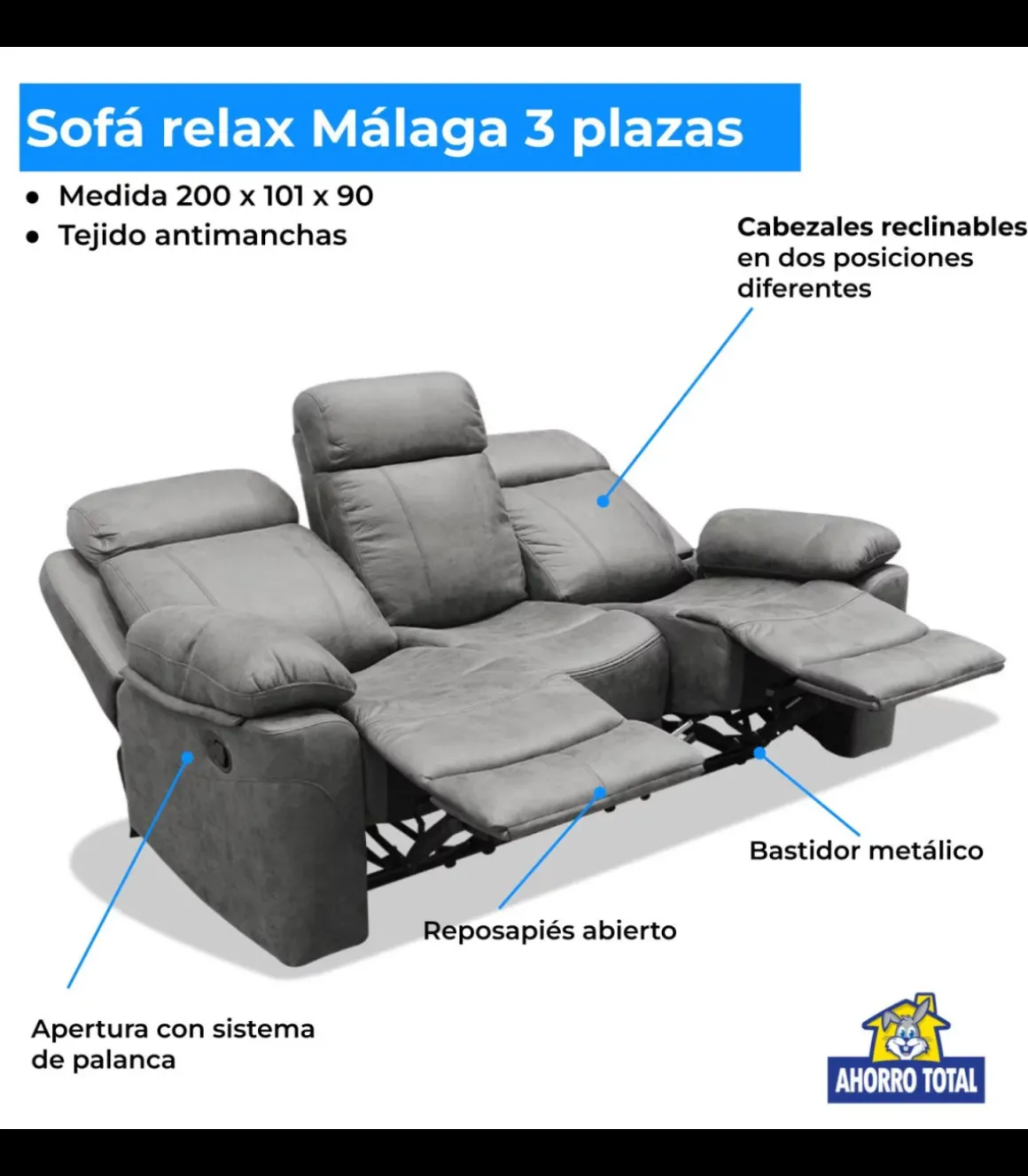 Sofá tres plazas relax con palanca Málaga tapizado textil gris, 200cm(Ancho) 90cm(Fondo) 101cm(Alto)