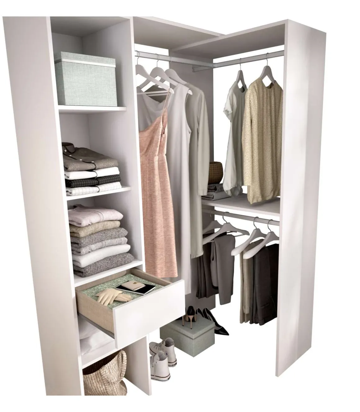Vestidor de rincón-lineal Reus con estantes y cajón en blanco, 187cm(alto) 137cm(ancho) 80.5cm(fondo)