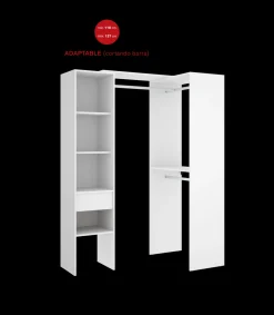 Vestidor de rincón-lineal Reus con estantes y cajón en blanco, 187cm(alto) 137cm(ancho) 80.5cm(fondo)