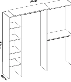 Vestidor de rincón-lineal Reus con estantes y cajón en blanco, 187cm(alto) 137cm(ancho) 80.5cm(fondo)