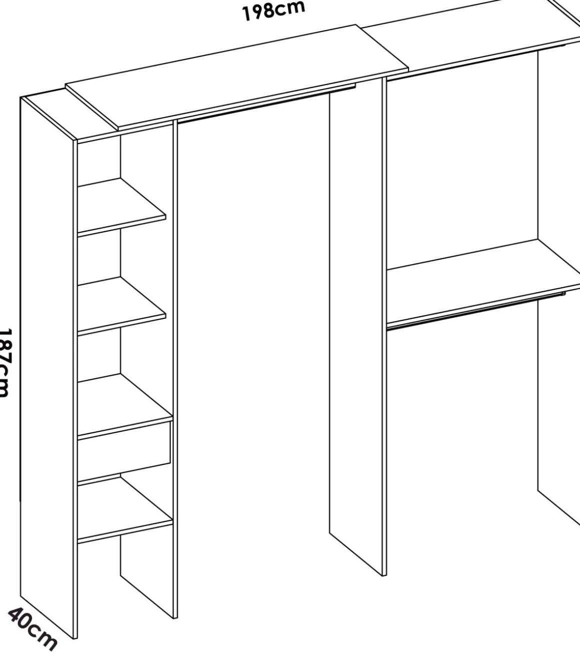 Vestidor de rincón-lineal Reus con estantes y cajón en blanco, 187cm(alto) 137cm(ancho) 80.5cm(fondo)