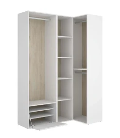 Vestidor de rincón Reus con estantes, zapatero y trasera reversible en blanco/natural, 205cm(alto) 144.5cm(ancho) 84.5cm(fondo)