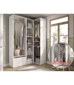 Vestidor de rincón Reus con estantes, zapatero y trasera reversible en blanco/natural, 205cm(alto) 144.5cm(ancho) 84.5cm(fondo)
