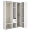 Vestidor de rincón Reus con estantes, 2 cajones y trasera reversible en blanco/natural, 205cm(alto) 182.5cm(ancho) 79.5cm(fondo)