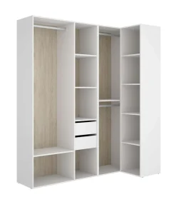 Vestidor de rincón Reus con estantes, 2 cajones y trasera reversible en blanco/natural, 205cm(alto) 182.5cm(ancho) 79.5cm(fondo)
