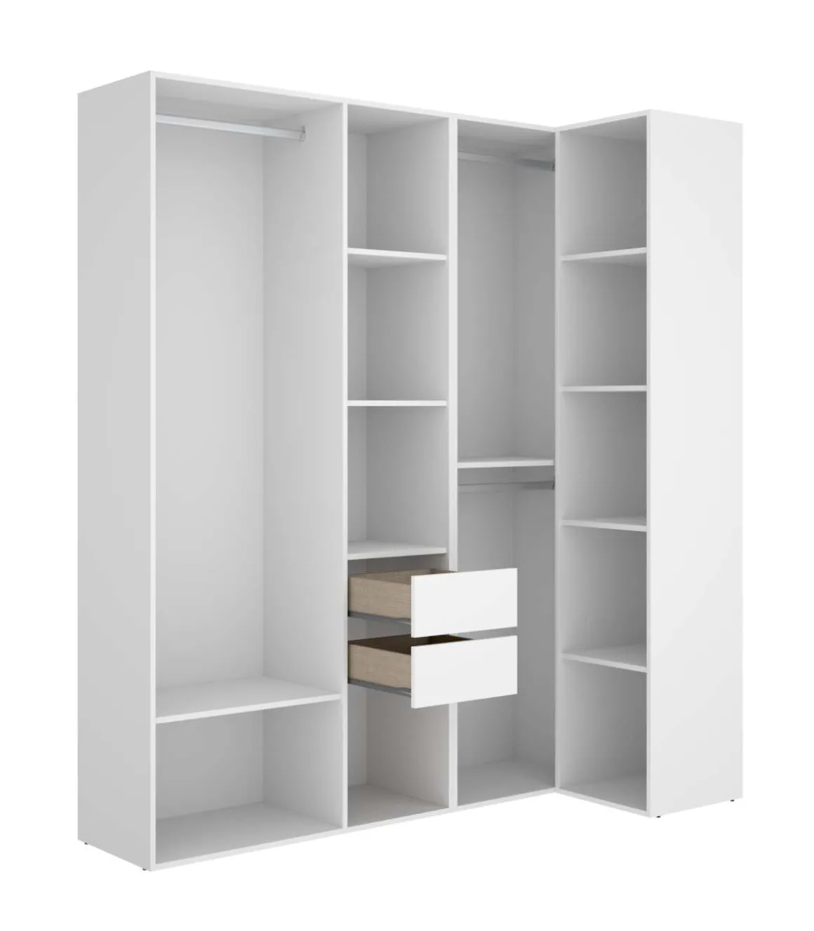 Vestidor de rincón Reus con estantes, 2 cajones y trasera reversible en blanco/natural, 205cm(alto) 182.5cm(ancho) 79.5cm(fondo)