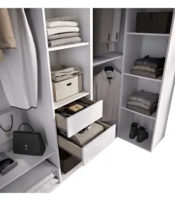 Vestidor de rincón Reus con estantes, 2 cajones y trasera reversible en blanco/natural, 205cm(alto) 182.5cm(ancho) 79.5cm(fondo)
