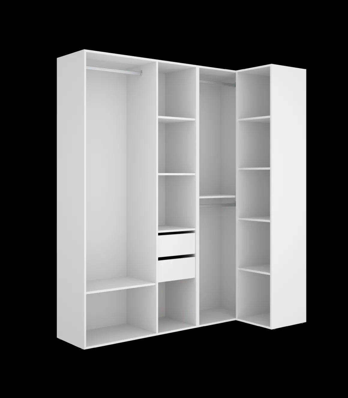 Vestidor de rincón Reus con estantes, 2 cajones y trasera reversible en blanco/natural, 205cm(alto) 182.5cm(ancho) 79.5cm(fondo)