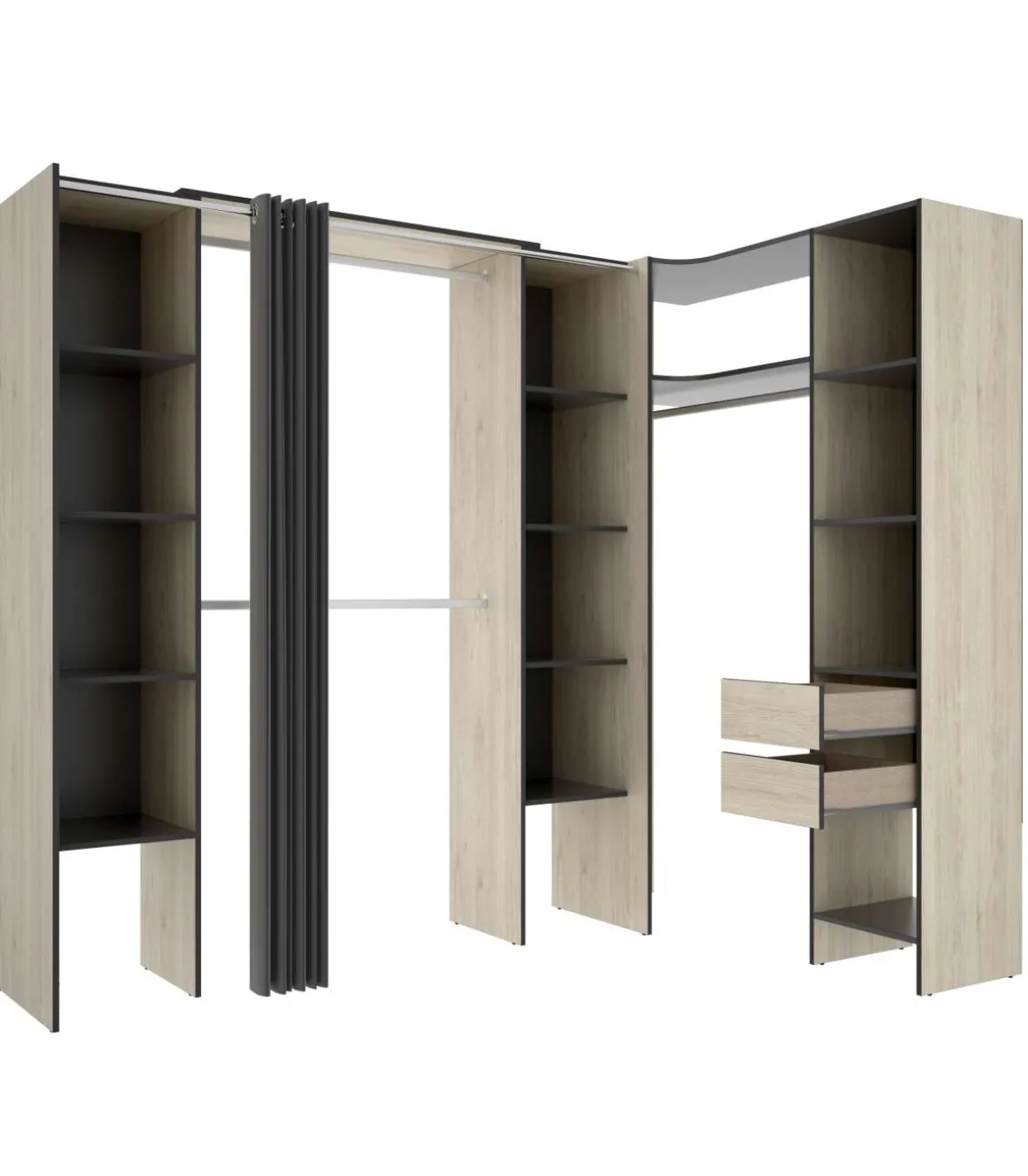 Vestidor de rincón Siles con cortina y cajones acabado natural/grafito, 205cm(alto) 234cm(ancho) 141cm(fondo)