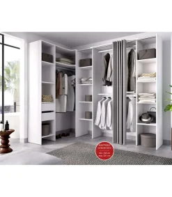 Vestidor de rincón Siles con cortina y cajones acabado blanco, 205cm(alto) 234cm(ancho) 141cm(fondo)